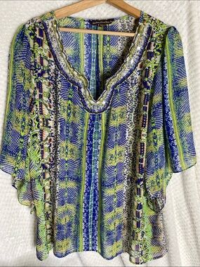 Mushkaby Sienna Rose, Inc. Beaded Sheer Top in Blue & Green